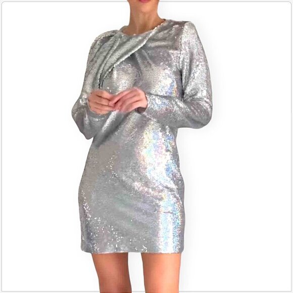 Zara Dresses & Skirts - Zara Silver Holographic Sequin Cape Sleeve Sparkle Mini Dress Holiday Party XXL